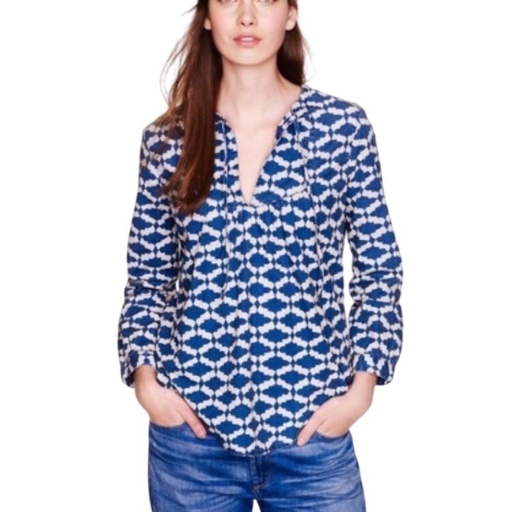 J. Crew Blue White Geometric Print Long Sleeve V-Neck Peasant Top Women's Size 8